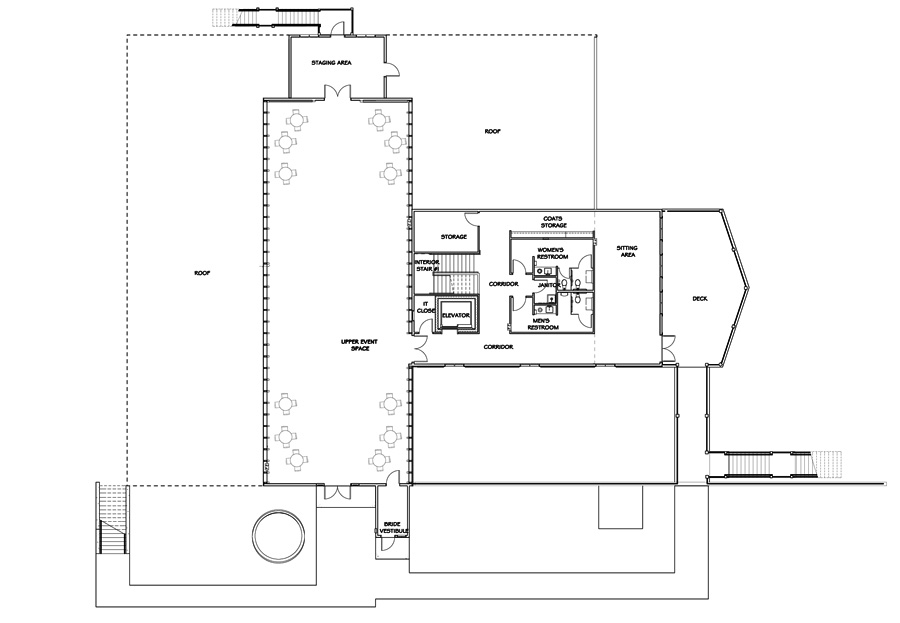 Vennebu Hill wedding barn and event venue in Wisconsin Dells - upper level floor plan with party plan with cocktail seating