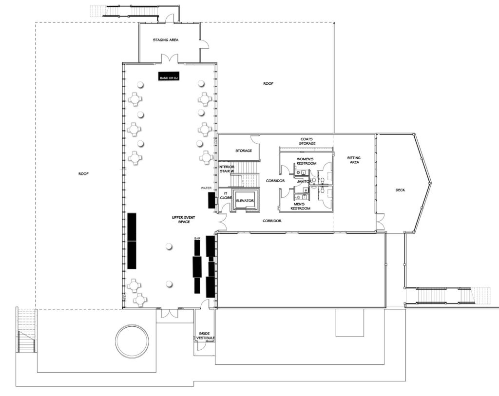 Vennebu Hill wedding barn and event venue in Wisconsin Dells - upper level floor plan with party plan with cocktail seating